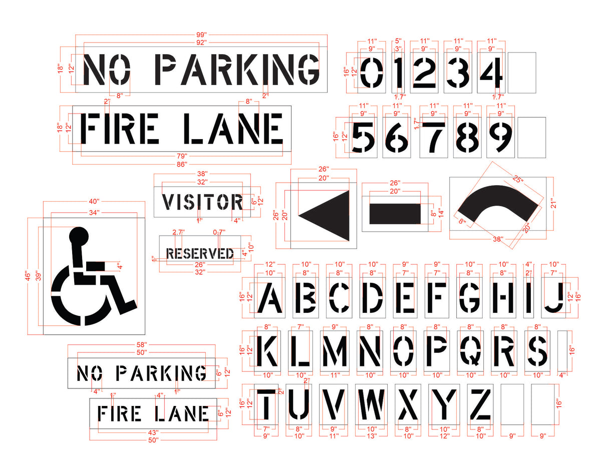 Commercial Stencil for Parking Lot Pavement Markings - (52-pc) - High-quality stencil for pavement marking, durable and reusable